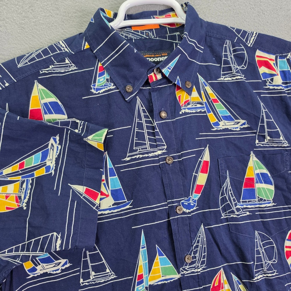 Reyn Spooner Shirt Mens Large Sailboat Nautical Print Navy Blue Cotton Hawaiian
